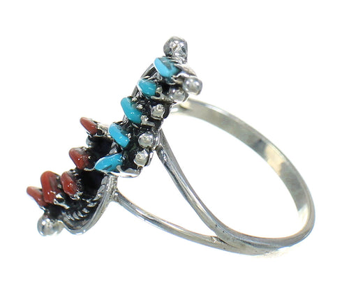 Turquoise And Coral Needlepoint Sterling Silver Ring Size 8-1/4 FX91946